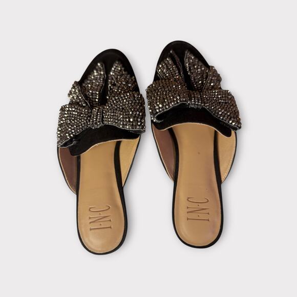 Black Rhinestone Bow Mules – Sparkly Slip-On Flats | Size 8 Velvet & Glam Look - Picture 5 of 7